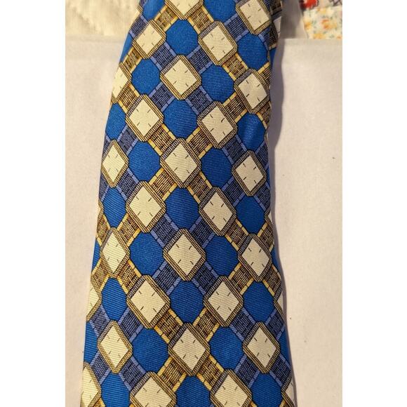 Piaget Silk Vintage 100% Silk Blue Gold Geometric Design Neck Tie - Picture 6 of 16